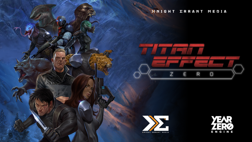 Cover for "Titan Effect RPG Zero QuickStart," featuring Knight Errant Media and Year Zero Engine's logos. The cover is reminiscent of old James Bond movie posters with various characters carrying weapons and posing. Three of these characters look human, while the others are hybrid creatures looking like a mix of humans and different animals (wolf, leopard, shark, reptiles, etc.).